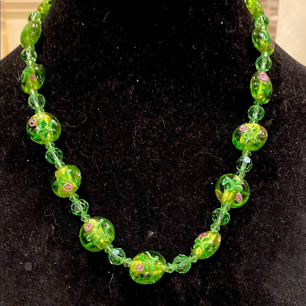 Lime Green Wedding Cake Beaded Necklace with Lime Crystals in Silver Tone.